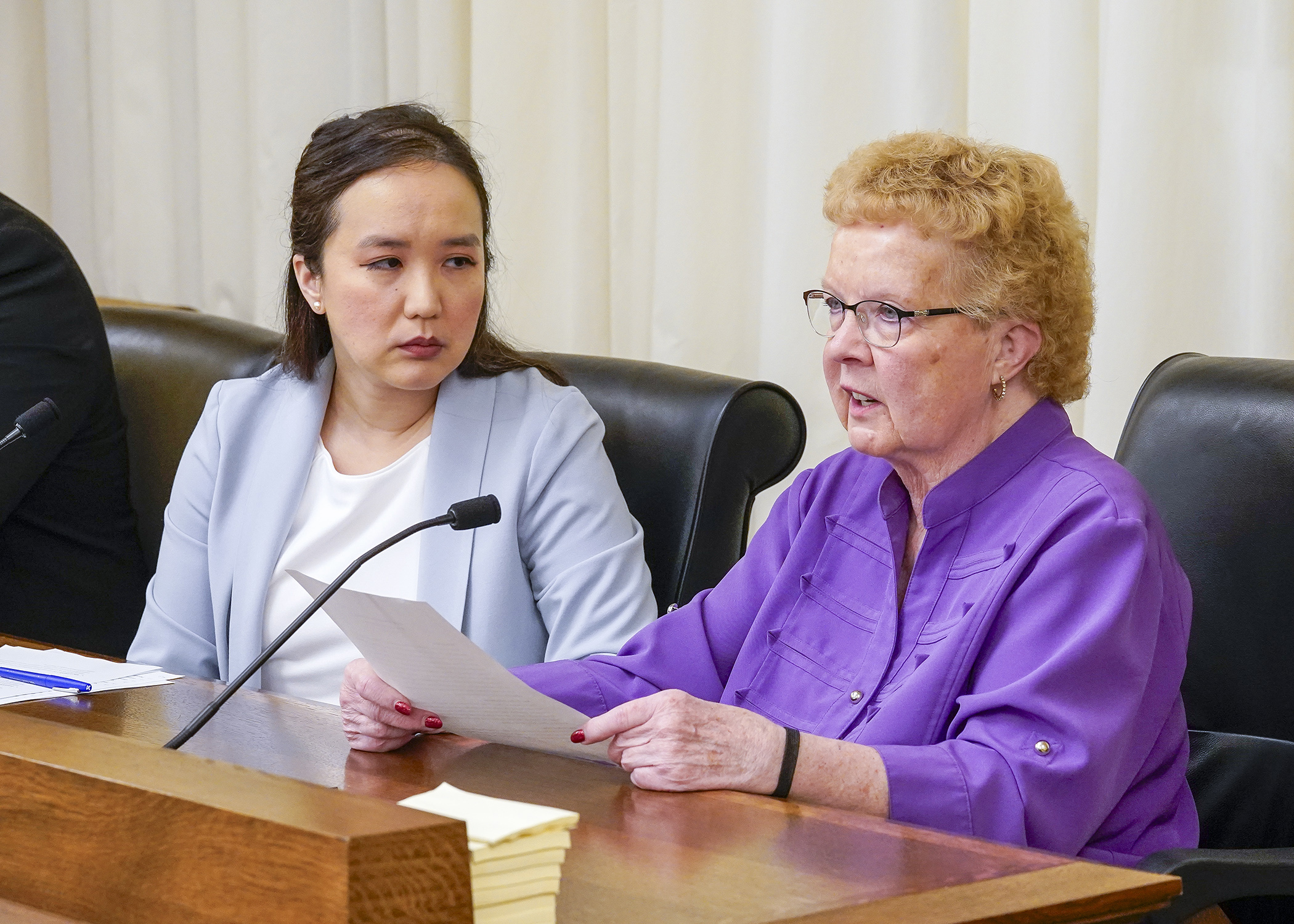Louise Schostek testifies April 15 before the House Commerce Finance and Policy Committee in support of a bill sponsored by Rep. Liz Lee, left, that would remove deposit limits on the consumer protection restitution account. (Photo by Andrew VonBank)